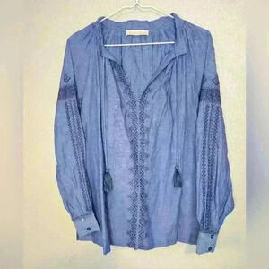 VANESSA BRUNO Anita Embroider Split Neck Blouse In Blue Size Medium